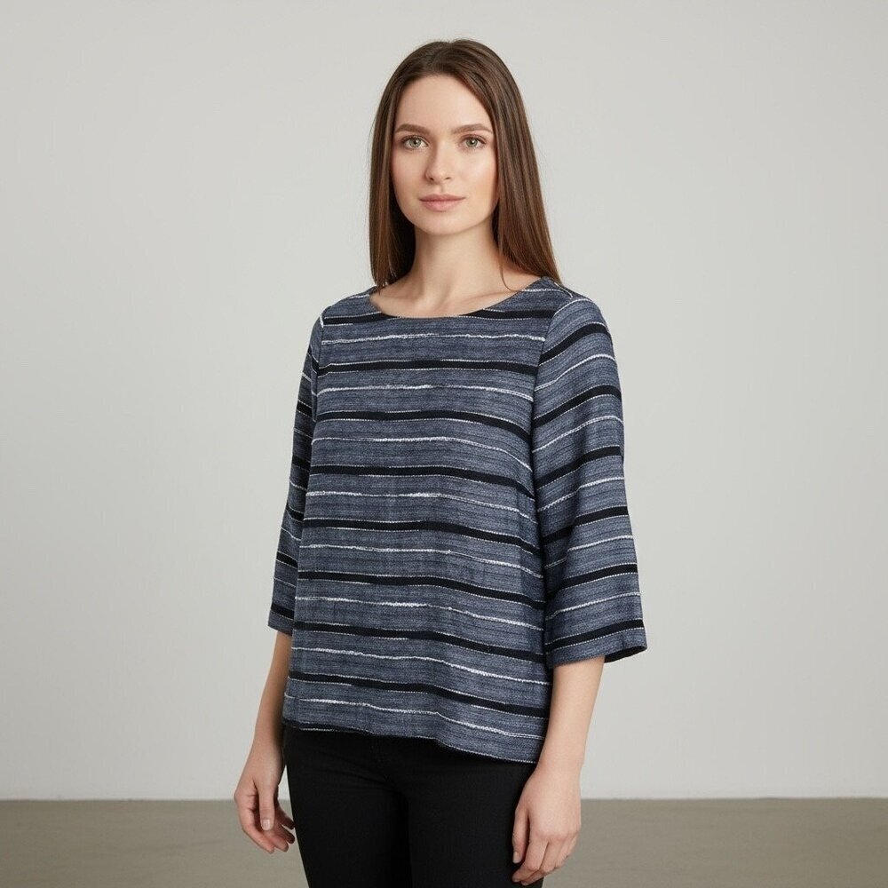 Pure Jill Navy Textured Stripe Tunic Top Relaxed Fit Cotton Blend Size Large